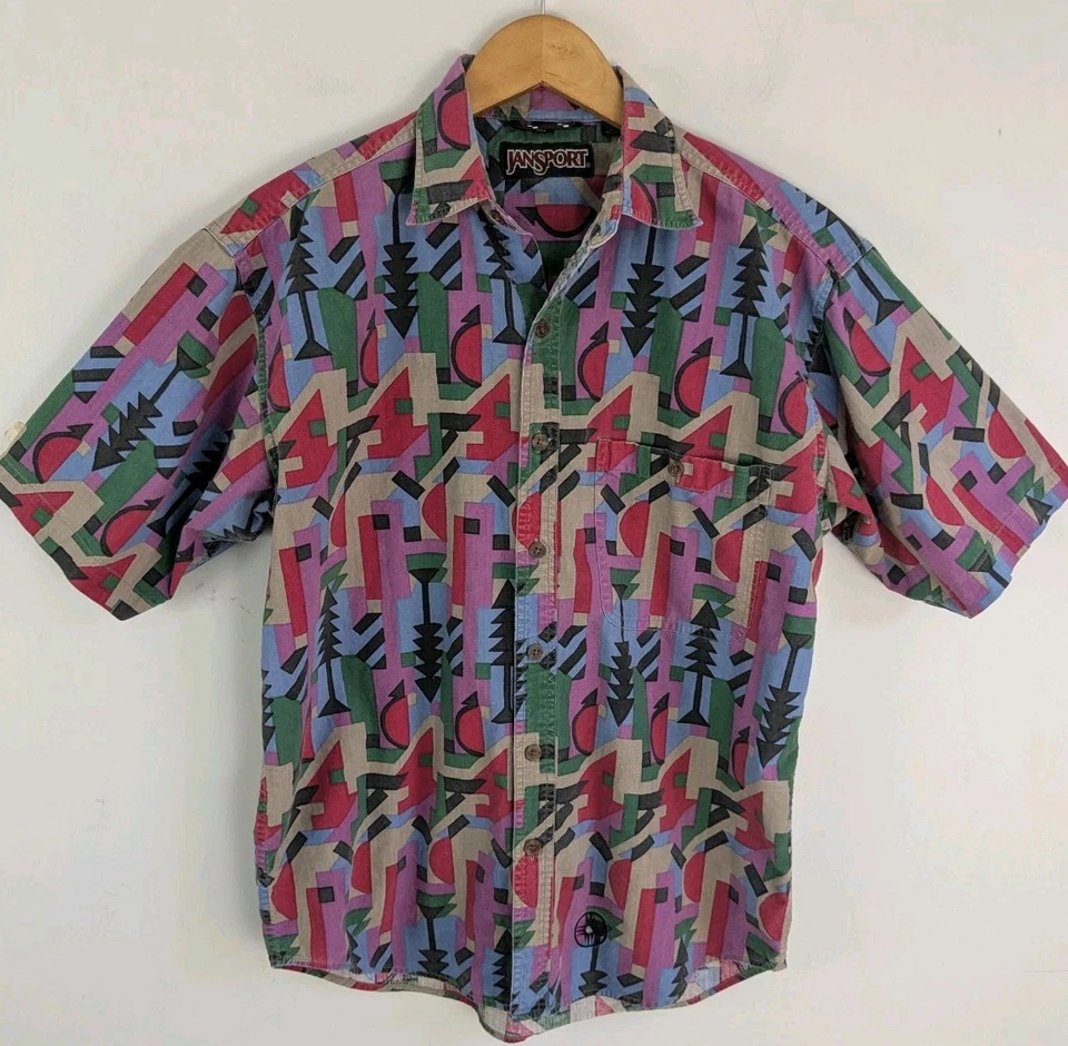 Rare 90s Jansport Mens S M Camp Shirt Tribal Aztec Colorful Button Up Cotton SS - Image 1 of 4
