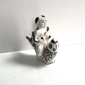 4" Stone Ware Boy Riding a Koi Fish Black White Glaze Tongzi Figure Sculpture - Picture 1 of 5