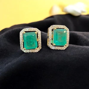 Pave 6.09 TCW Round Brilliant Cut Diamonds Emerald Stud Earrings 14K Yellow Gold - Picture 1 of 15