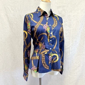 Lauren Ralph Lauren navy equestrian horse bit button up peplum shirt size 4 - Picture 1 of 16