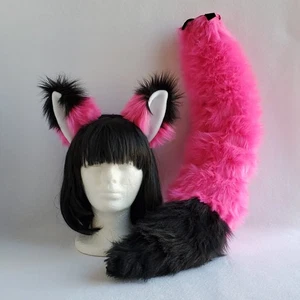 Hot Pink FOX EARS furry HEADBAND & Fox TAIL SET Black tip Foxy cosplay Halloween - Picture 1 of 6