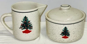Holiday Creamer & Sugar Set Stoneware Folkcraft Red Green White ! - Picture 1 of 24