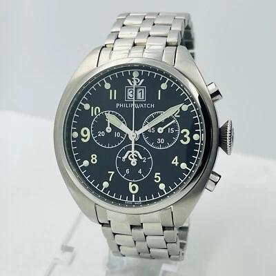 Reloj Philip Watch Hombre Cronógrafo Plateado Acero Inoxidable Hecho en Suiza 43mm Foto 1 de 4