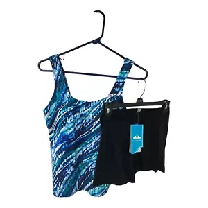 Swimsuits For All Womens Plus Size 8 Two Piece Tankini Set Blue Black Swim Short - Picture 1 of 7