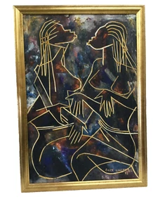 Enock Ilunga Original Ölgemälde Zwei Frauen ohne Titel 1992 signiert 31 x 21 Sambia - Bild 1 von 8