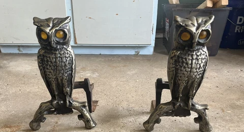 Antique Owl Andirons Figural Cast Iron Pair Fireplace c. 1900 Yellow Glass Eyes Cover