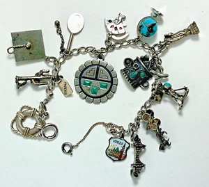 Vintage 1950's-1960's STERLING silver 13 souvenir charm bracelet w/turquoise etc - Picture 1 of 24