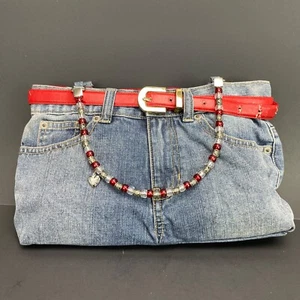 Vintage Denim Jeans Tote Bag Purse Handbag Purse Handmade Beaded Handle Red Belt - Picture 1 of 7