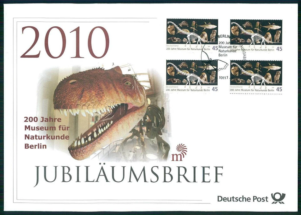 GERMAN POST ANNIVERSARY-FDC 2010 BERLIN MUSEUM ANIMALS FISH MONKEY DINOSAUR u612 - Image 1 of 4