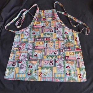 Child Youth Alphabet Animals Apron Blue Mul1i Color 100% Cotton Neck Waist Ties - Picture 1 of 8