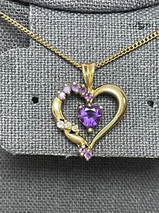 14K yellow gold Amethist Stone Amethyst Stone Heart Pendant with Necklace - Picture 1 of 5
