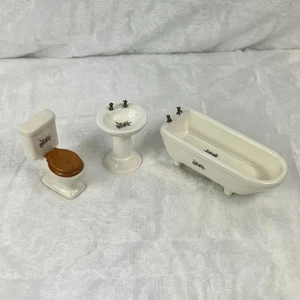Miniature Porcelain Dollhouse Bathroom Set Sink Toilet Tub Floral 1:12 Scale - Picture 1 of 13