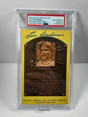 SIGNED - Hall of Fame Yellow Postcard -  Lou Boudreau Autographed HOF PSA 7 - Image 1 of 2