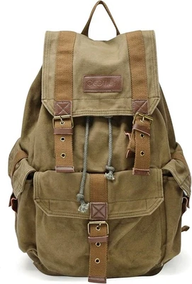 Classic Rucksack Canvas Large Backpack- Tan Unisex - Canvas Bag w/ Leather Trim - Image 1 of 4