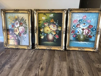 VINTAGE floral flower  PAINTING  hand painted 3pcs- Plastic Frames - Image 1 of 4