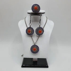 Trio Kabyle en Argent – Émail Bleu & Corail Rouge |Bijoux Berbères Authent-7076 - Picture 1 of 4