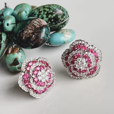 Big 18mm Genuine Ruby Rose Halo Stud Earrings 14K White Gold Plated Silver - Image 1 of 4