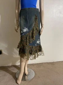 Blue Denim Cotton beaded lace Ruffle Embroidery Boho Size S(4-6) maxi skirt 3135 - Picture 1 of 5