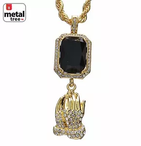 Herren Iced Hip Hop Gebet Hand & schwarzer Rubin Doppel Anhänger Kette Halskette HC 302 G - Bild 1 von 4