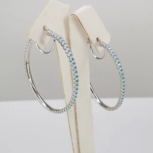 Sterling Silver Topaz Blue Turquoise Gemstone Pave Large Hoop Earrings 40mmx2mm - Picture 1 of 11