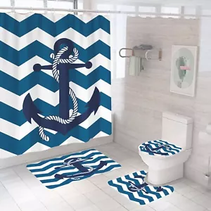 Anchor Shower Curtain Bathroom Rug Set Bath Mat Non-Slip Toilet Lid Cover - Picture 1 of 11