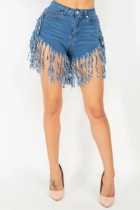 Fringe hem denim shorts with pockets and button closure brand new with tag - Picture 1 of 5