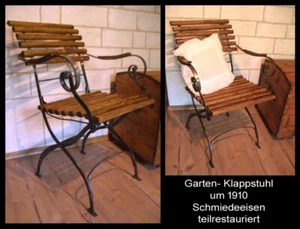 antiker Gartenstuhl Klappstuhl um 1910 Schmiedeeisen Holz teilrestauriert (2/23 - Bild 1 von 9
