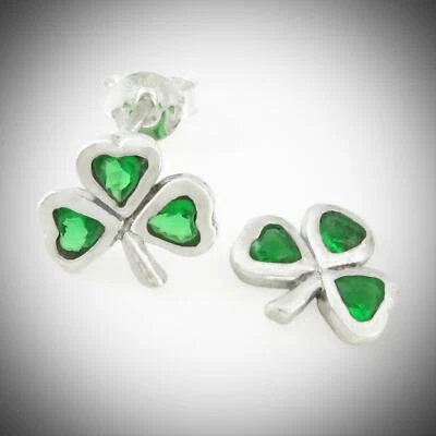 Shamrock Post Earrings with lab created Emeralds in SOLID Sterling Silver - NEW! - Image 1 of 4