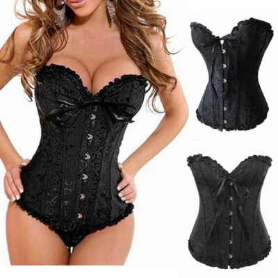 Womens Black Overbust Boned Corset Burlesque Basque Top Bustier Lace-Up Costume - Image 1 of 4