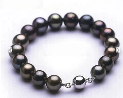 7.5"9-10MM TAHITIAN GENUINE BLACK REDISH ROUND PEARL BRACELET RARE58 - Image 1 of 2