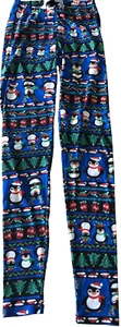 Leggings Girls Small Multicolor Print Holiday Penguin Santa Hats Trees - Picture 1 of 5