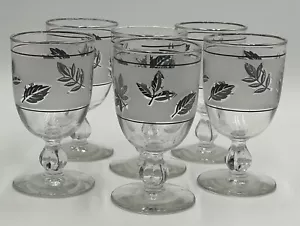 Set 6 Vintage Libbey Stem Glasses Frosted Silver Trim Leaves Goblets 5.5" - Picture 1 of 5