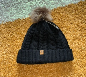 Timberland Heavy Wool Knit Black Fur Lined Pom Pom Beanie Size One - Picture 1 of 9