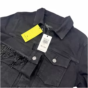 Seven 7 For All Mankind Black Denim Crop Jean Jacket Size M Fringed Arms NWT NEW - Picture 1 of 6