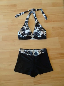 Bikini Set Neckholder Badeshorts schwarz weiß Palmen Gr. M 38 Neu - Bild 1 von 5