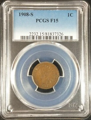 1908-S Indian Head Cent PCGS F15 2232.15/81837326 Exquisite Coin Rare - Image 1 of 4
