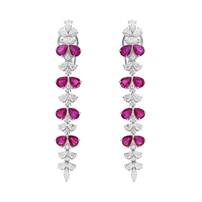 8.15 Tcw Lab Grown CVD Pear Diamond Ruby Gemstone Dangle Earrings 14k White Gold - Image 1 of 4