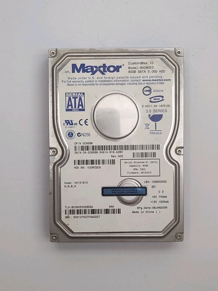 Maxtor DiamondMax 10 6V080E0 6V080E002635A 3.5" 7200RPM 80GB SATA HD Hard Drive - Image 1 of 2