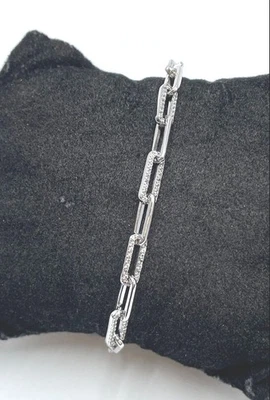 Brazalete de eslabones de cadena con clip de zafiro blanco de plata de ley - 5,16 g Foto 1 de 4