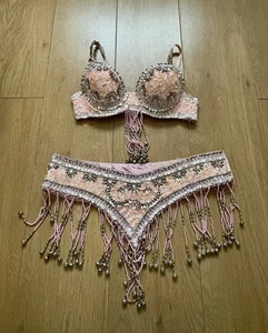 Sexy Bauchtanz Karneval Pailletten BH Top Quaste Fransen Hüftschal Set Rosa - Bild 1 von 8