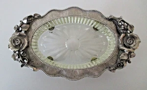 MATSON K-506 Pewter Footed Trinket Soap Dish Floral Rose & Cut Glass 6” Vtg AZ57 - Picture 1 of 12