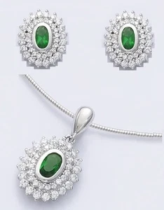 Dolly-Bijoux Parure Rhodié Ovale Emeraude Pavage Diamant Cz Argent Massif 925 - Picture 1 of 1