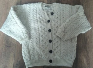 Cardigan Merino Wool Sweater Button Front Aran Knit BeigeCable Knit - Picture 1 of 11