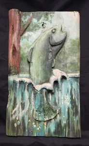 Vtg Carved Wood Relief Panel Fish Folk Art Sculpture Peterson era 10.75 x18.5 - Picture 1 of 17