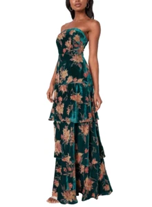 Lulu's Allure Emerald Green Floral Burnout Velvet Strapless Maxi Dress Medium - Picture 1 of 24