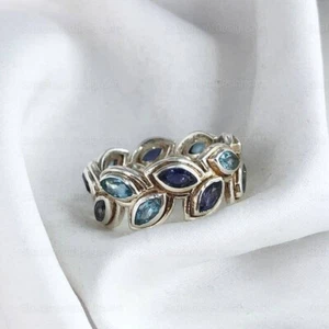 Natural Iolite & Swiss Blue Topaz Ring 925 Sterling Silver Eternity Ring Gift - Picture 1 of 4