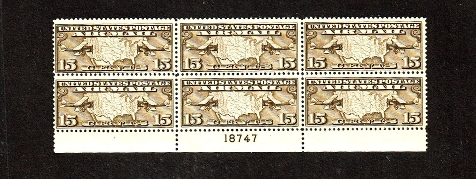 1926-7 U.S. AIRMAIL 15c U.S. Map and Mail Plane Plt#Blk Sc#C8 M/NH/OG Pristine ^ - Image 1 of 2