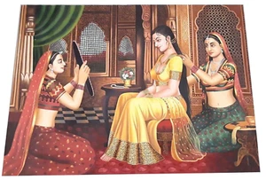 Pintura india hecha a mano de arte de la reina Rajput Shringar sobre lienzo 48x36 pulgadas - Imagen 1 de 4