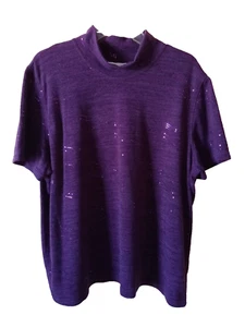 Alfred Dunner XL Sparkle Deep Plum Mock Neck Short Sleeve Top Stretchy - Picture 1 of 5