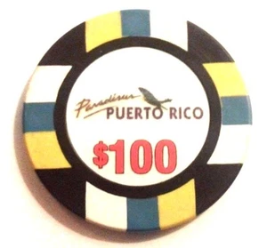 $100 PARADISUS Hotel Casino BLACK YELLOW/BLUE/WHITE Chip RIO GRANDE Puerto Rico - Picture 1 of 2